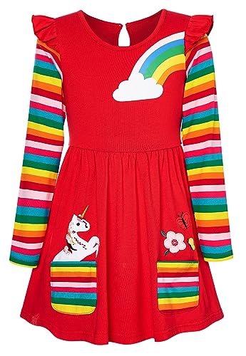 SFreeBo Mädchen Kleider Einhorn Regenbogen Kleid Kinder Mädchen Geschenk Baumwolle Langarm Bunt Kleider für Mädchen 116,Rot von SFreeBo