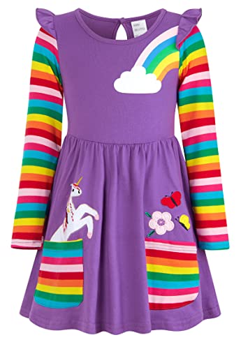 SFreeBo Einhorn Regenbogen Kleid für Mädchen - Kinder Geschenk, Baumwolle, Langarm, Bunt, Größe 122, Violett von SFreeBo