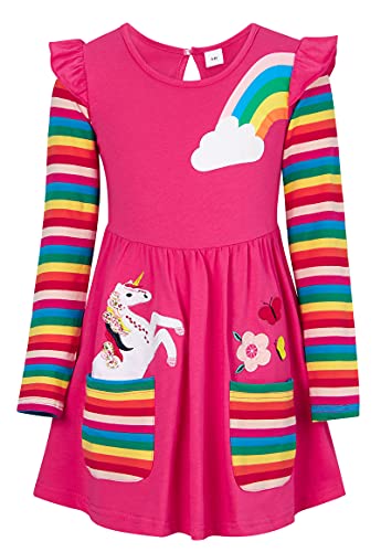 SFreeBo Mädchen Einhorn Regenbogen Kleid - Kinder Geschenk Baumwolle Langarm Bunt Kleider für Mädchen 128, Rosarot von SFreeBo