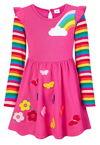 SFreeBo Mädchen Kleider Schmetterling Regenbogen Kleid Kinder Mädchen Geschenk Baumwolle Langarm Bunt Kleider für Mädchen 122,Rosarot von SFreeBo