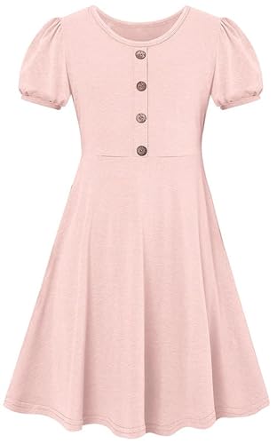 SFreeBo Mädchenkleid Mädchen Rosa Kleider Sommer Baumwolle Kurzärmel Kleid Mädchen Freizeit Party Einfacher A-Linie Kinderkleid für Kinder 9-10 Jahre von SFreeBo