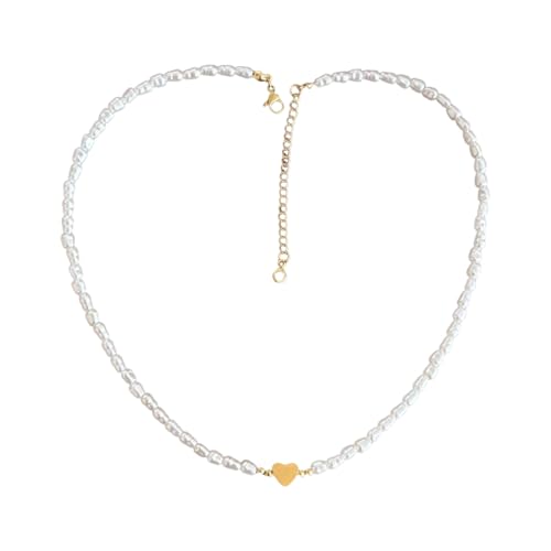 SGERUFZ 1 Pcs 14K Goldene Perlenkette Damen Mit Herz Anhänger, Halskette Aus Gold Für Damen, Weiße Perlenhalskette Lang, Damen Kette Schmuck (Weißen Perlen) von SGERUFZ