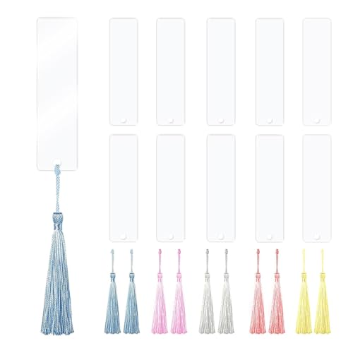 SGERUFZ 10 Set Acrylic Bookmark Blanks, Personalized Transparent Rectangular Bookmarks for DIY Gift Tags (10 Colorful Tassels) von SGERUFZ
