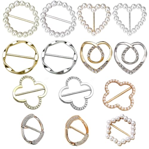 SGERUFZ 14 Stück Glitzer Brosche Schnalle, T-Shirt Clip, Schal Ring Clip, Mode Kleidungsecke Knotenknopf, Hemdclip Schnalle, Taillengürtel Clips Straffer für Damen (Metall Rundkreis) von SGERUFZ