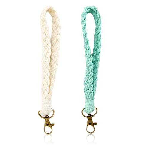 SGERUFZ 2 Pcs Schlüsselanhänger Makramee Armband Schlüsselband Frau Schlüsselband Kurz Boho Lanyard Weiß Grün von SGERUFZ