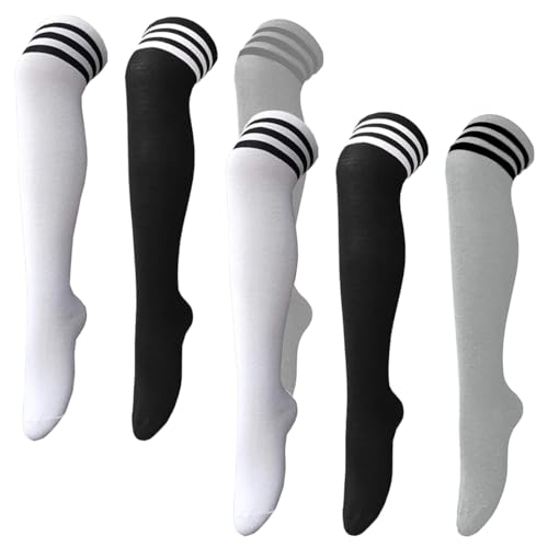 SGERUFZ 3 Paar Damen Overknee Kniestrümpfe Lange Gestreifte Socken in Warme Beinwärmer für Mädchen Schwarz Weiß Grau SGERUFZ 3 Paar Damen Overknee Kniestrümpfe Lange Gestreifte Socken in Warme Beinwärmer für Mädchen Schwarz Weiß Grau von SGERUFZ