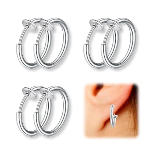 SGERUFZ 3 Paar Edelstahl-Ohrclips, gefälschte Ohrringe, kein Piercing notwendig, Hoop-Ring- & Ear-Cuff-Design, perfekt für Männer & Frauen (Silber) von SGERUFZ