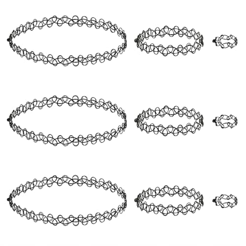 SGERUFZ 3 Sets, 9 Stück Choker Halskette Sets Kropfband Armband Ringe Stretch Tattoo Halskette Elastische Hohlgewebe Schmuckset Halsband für Mädchen Frauen Kinder von SGERUFZ