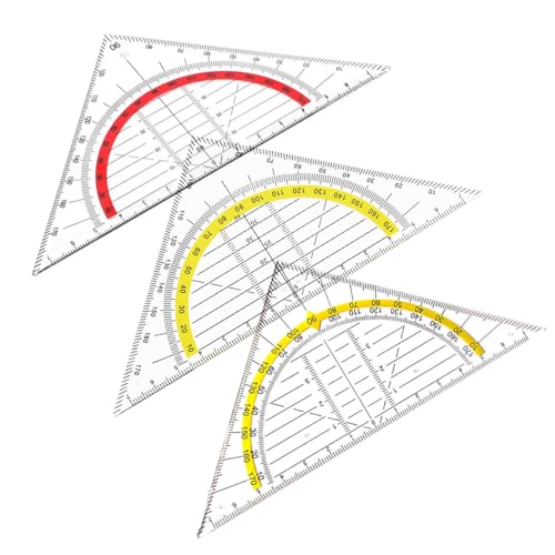 SGERUFZ 3 Stück Kunststoff-Dreieck-Lineal, transparentes geometrisches Dreieck aus Kunststoff mit gelber Skala, Winkelmesser für Schule, Uni oder Büro (mit Tasche). von SGERUFZ