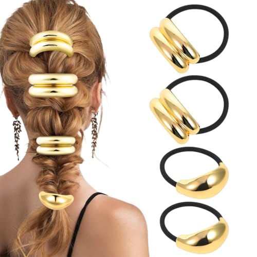 SGERUFZ 4 Stück Haarmanschetten aus Metall Goldenes Haargummi Armband Pferdeschwanzhalter Damen Haar-Accessoire Schwarz Elastisch Zopfgummi für Frauen und Mädchen Dickes Dünnes Lockiges von SGERUFZ