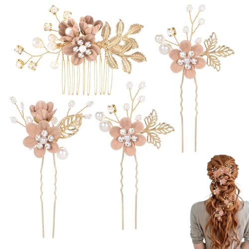 SGERUFZ 4 Stück Hochzeit Haarkämme Strass Haarnadel Kristall Accessoires Perlen Kopfschmuck Hochsteckfrisur für Frauen Mädchen Party Abschlussball Brautjungfern Blumenmädchen (Rosa Blumen) von SGERUFZ