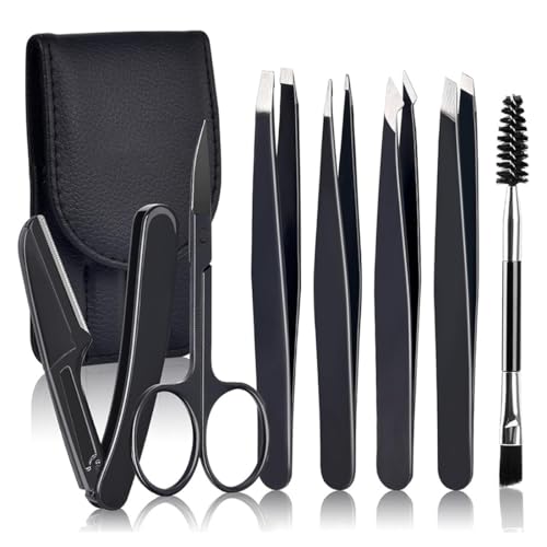 SGERUFZ 7Pcs Präzisions Pinzetten Set für Frauen mit Reiseetui - Edelstahlpinzette für Augenbrauen, Schere, Rasiermesser für Eingewachsene Haare (Schwarz) von SGERUFZ