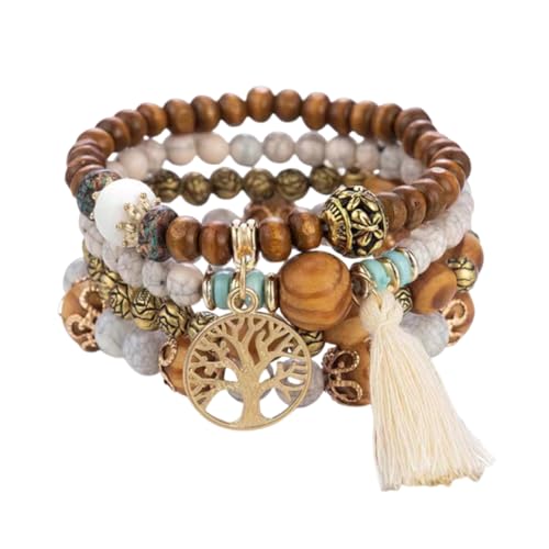SGERUFZ Boho Holzperlen-Armband-Set, 4tlg. Boho Quaste Armband, Baum-des-Lebens Charm Armband, Kristall von SGERUFZ