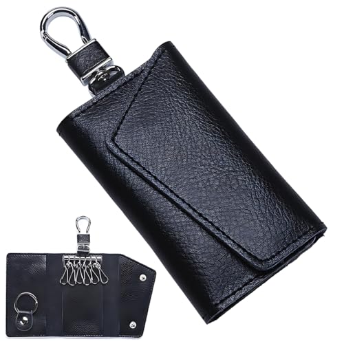 SGERUFZ Leather Key Holder for Women and Men, Triple-Folded Multifunctional Key Wallet, Wallet with 3 Separate Compartments and 6 Key Hooks, Small Key Pouch (Schwarz) von SGERUFZ