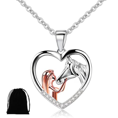 SGERUFZ Mädchen und Pferd Halskette Silber Herz Anhänger Halskette Geschenke für Mädchen Frauen Freundin Ehefrau Mutter Tochter Pferdeliebhaber von SGERUFZ