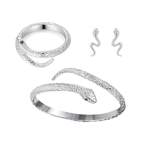SGERUFZ Punk Schlange Armreif Armband Set mit funkelndem Charme Schlangenarmband, Schlangenring und Schlangenohrstecker - Tierschmuck für Frauen und Mädchen - Geschenke (Silber) von SGERUFZ