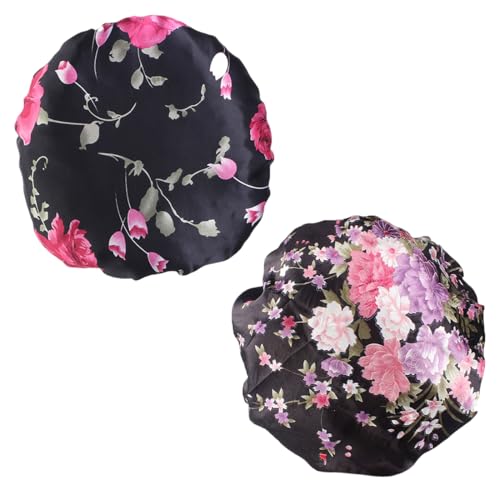 SGERUFZ Seidensatin Haarhaube, 2-stückige Schlafhaube (schwarz + rosa), Seidenschlafmütze, breiter Haarband Schlafmütze, einstellbare Schlafkappe, weiche Kopfhaube mit Gummi für Damen und Mädchen von SGERUFZ