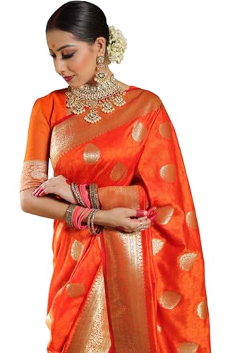 SGF11 Damen Kanjivaram Sari aus weicher Kupferseide mit Blusenteil, Orange, One size von SGF11