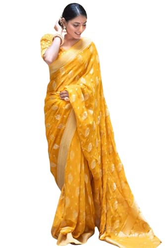 SGF11 - Damen Kanjivaram Soft Silk Handloom Sari Pure Golden Zari mit Blusenteil, gelb, One size von SGF11