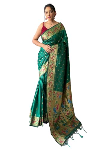 SGF11 Damen Paithani Weiche Lichi Seide Kanjivaram Sarees mit Bluse Stück, Dunkelgrün, Einheitsgr��e von SGF11