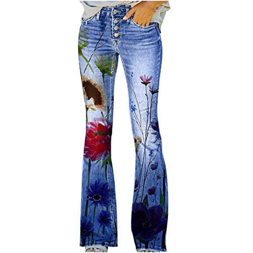 Damen Stretch Elegant Jeanshose Bedruckte Dünne Stretch-Skinny Stretch-Knopf Faux Denim-Hose Elegant Stretch Schlaghose Bootcut Hohe Taille Flared Jeans Weites Bein Retro Stil Destroyed Denim von SGFY