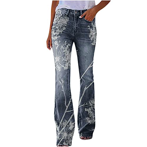 Damen Stretch Elegant Jeanshose Bedruckte Dünne Stretch-Skinny Stretch-Knopf Faux Denim-Hose Elegant Stretch Schlaghose Bootcut Hohe Taille Flared Jeans Weites Bein Retro Stil Destroyed Denim von SGFY