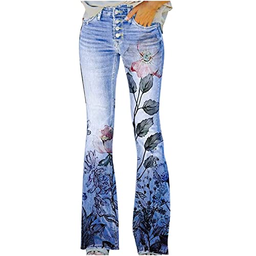 Damen Stretch Elegant Jeanshose Bedruckte Dünne Stretch-Skinny Stretch-Knopf Faux Denim-Hose Elegant Stretch Schlaghose Bootcut Hohe Taille Flared Jeans Weites Bein Retro Stil Destroyed Denim von SGFY