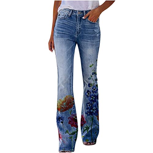 Damen Stretch Elegant Jeanshose Bedruckte Dünne Stretch-Skinny Stretch-Knopf Faux Denim-Hose Elegant Stretch Schlaghose Bootcut Hohe Taille Flared Jeans Weites Bein Retro Stil Destroyed Denim von SGFY