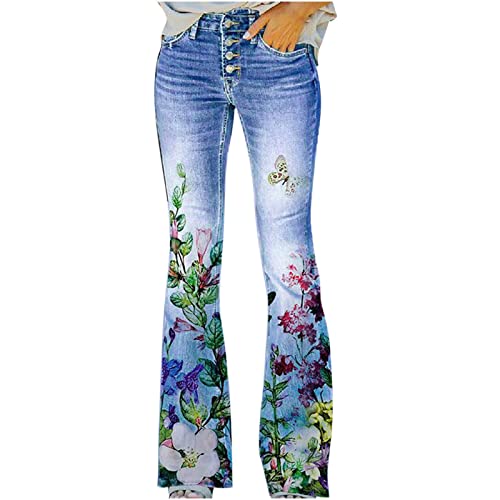 Damen Stretch Elegant Jeanshose Bedruckte Dünne Stretch-Skinny Stretch-Knopf Faux Denim-Hose Elegant Stretch Schlaghose Bootcut Hohe Taille Flared Jeans Weites Bein Retro Stil Destroyed Denim von SGFY