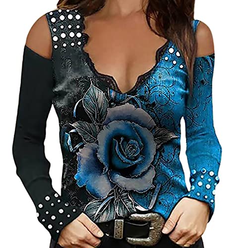 Glitzer Oberteile Damen Sexy Party Streetwear Langarmshirt Festlich Blumen Lässiges Schulterfrei Bluse Tunika Tops Elegant Casual Pullover von SGFY