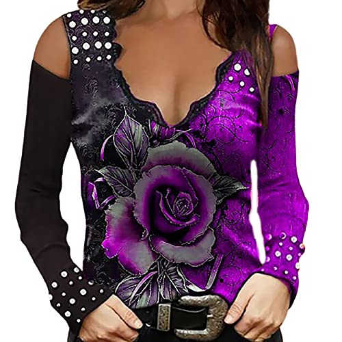 Glitzer Oberteile Damen Sexy Party Streetwear Langarmshirt Festlich Blumen Lässiges Schulterfrei Bluse Tunika Tops Elegant Casual Pullover von SGFY