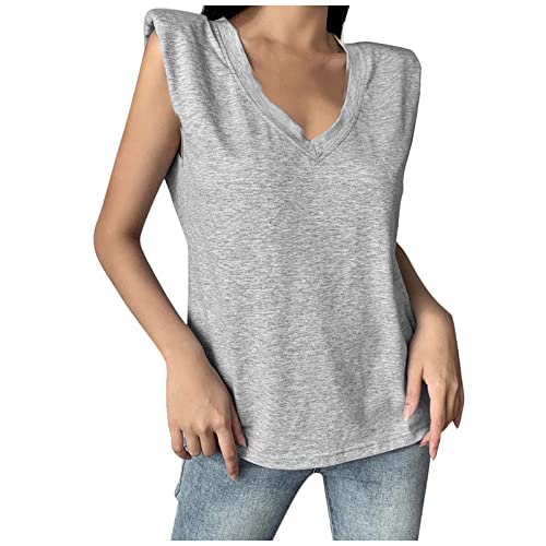 Rückenfreies Oberteil Damen 2023 Sommer Crop Top Modisches Einfarbiges ärmelloses T-Shirt mit V-Ausschnitt und Schulterpolstern Cut Out T-Shirt Y2k Oberteile Teenage Mädchen Aesthetic Outfits von SGFY