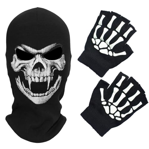 SGHE Skelett Schädel Halloween Sturmhaube Vollgesichtsmaske Mit Totenkopf-Handschuhe für Geschenk Spiel Cosplay Kostüm Radfahren Outdoor Sport Camping Wandern Warm von SGHE