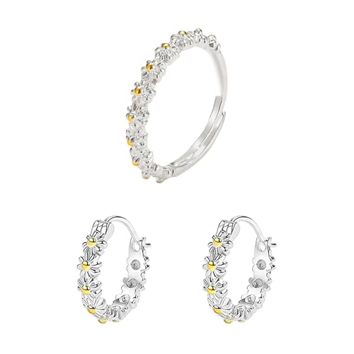 SGSCFG 1 Gänseblümchenring Und 1 Paar Daisy -Ohrringe, Süßer Süßer Schmuck, Einfacher Und Vielseitiger Schmuck, Frauenschmuck. von SGSCFG