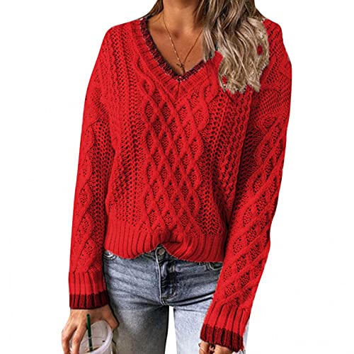 SGSD Damen Zopfmuster Grobstrickpullover V-Ausschnitt Strickpullover MäDchen Teenager Pulli Strickpulli Oversize Grobstrick Winterpullover Langarmshirt Vintage Sweater Herbst Winter Pullis von SGSD