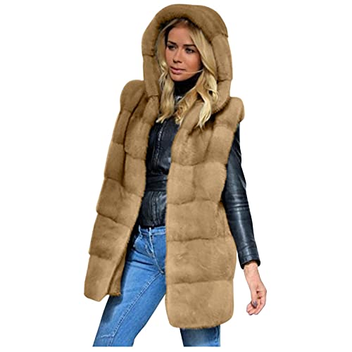 SGSD Pelzweste Damen Kunstpelz-Weste Ärmellose Fellweste Jacke Winterjacke Lange Steppweste Mantel Felljacke Westen Warm Fellmantel Pelzjacke Pelzmantel Mit Kapuze FüR Winter Herbst üBergangsjacke von SGSD