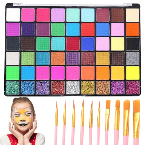SGZIOO Gesichtsfarben Kinderschminken Set, 54 Farben Kinderschminke Set mit 11 Pinsel, Waschbar Kinder Schminken Set für Halloween-Make-up, Karneval, Theaterschminke und Bodypainting von SGZIOO