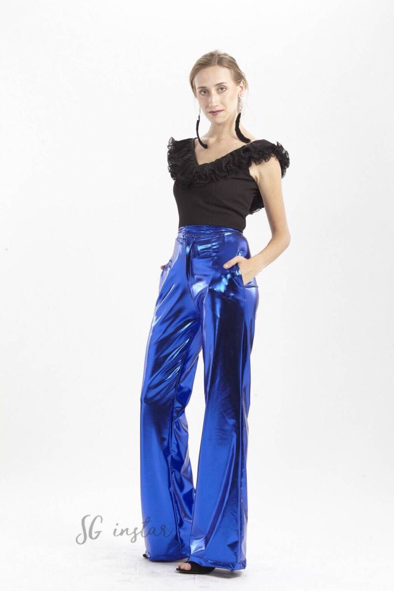 Königsblau Metallic Benutzerdefinierte Hose, Disco Hose Plus Größe, Breitbeinhose Handgemacht, Breitbeinhose Für Frauen von SGinstar