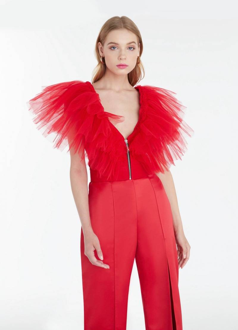 Sginstar Vicky Rote Plissierte Tüll-Tüllbluse Für Cocktailparty, Rote Bluse Halloween-Tag, Weihnachtstag von SGinstar