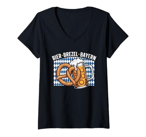 Damen Bier Brezel Bayern Oktoberfest Bierbrezel T-Shirt mit V-Ausschnitt von SH Clothing Gifts