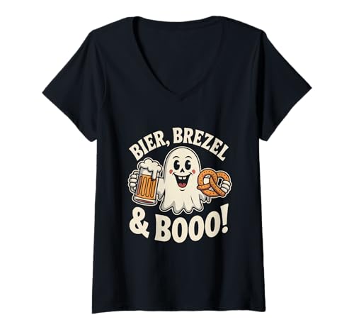 Damen Bier Brezel Booo Lustiges Oktoberfest Halloween Geist T-Shirt mit V-Ausschnitt von SH Clothing Gifts