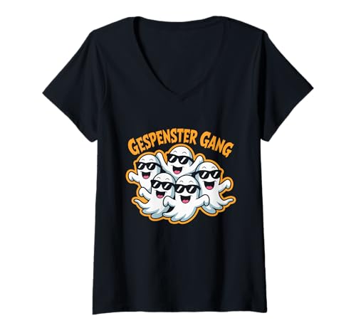 Damen Gespenster Gang Coole Geister Lustiges Halloween Design T-Shirt mit V-Ausschnitt von SH Clothing Gifts