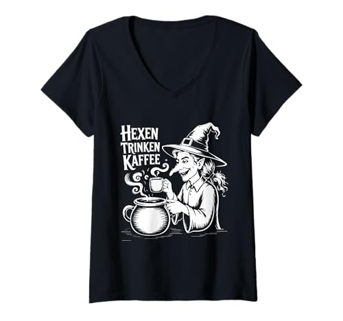 Damen Hexen Trinken Kaffee Lustige Hexe Halloween Kaffee Design T-Shirt mit V-Ausschnitt von SH Clothing Gifts