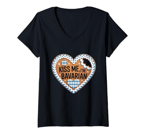 Damen Kiss Me I'm Bavarian Oktoberfest Lebkuchenherz T-Shirt mit V-Ausschnitt von SH Clothing Gifts