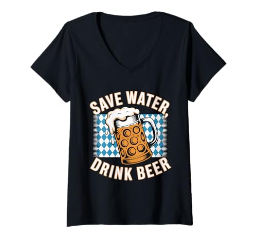 Damen Lustiges Oktoberfest-Stein-Design mit Aufschrift „Save Water Drink Beer“ T-Shirt mit V-Ausschnitt von SH Clothing Gifts