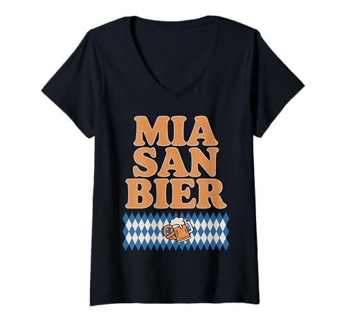 Damen Mia San Bier Bayerisches Oktoberfest Brezel Bier T-Shirt mit V-Ausschnitt von SH Clothing Gifts