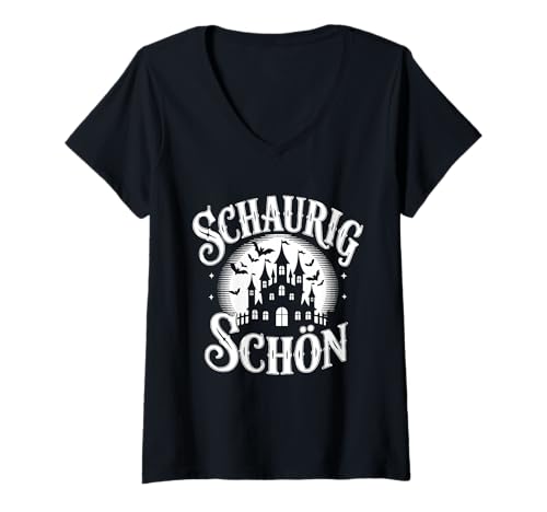 Damen Schaurig Schön Geisterschloss Gothic Halloween Design T-Shirt mit V-Ausschnitt von SH Clothing Gifts