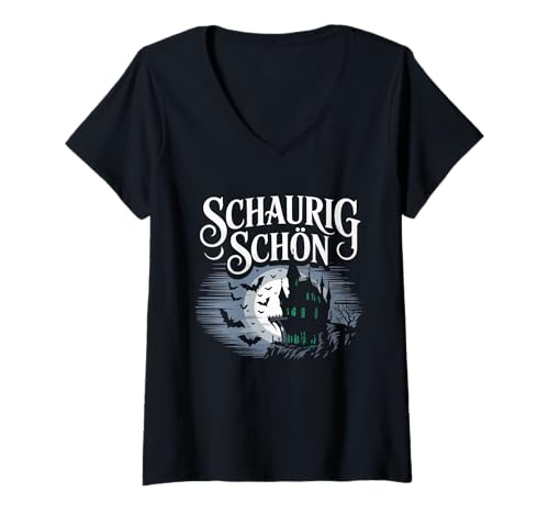 Damen Schaurig Schön Spukschloss Halloween Gothic Design T-Shirt mit V-Ausschnitt von SH Clothing Gifts