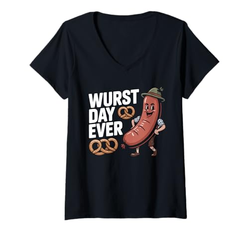 Damen Wurst Day Ever Lustiges Bayerisches Wurst Brezel Design T-Shirt mit V-Ausschnitt von SH Clothing Gifts