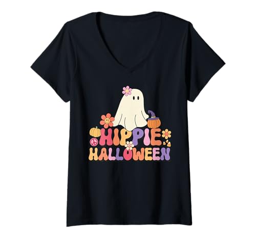 Damen Groovy Ghost Girls Hippie Halloween Peace Zeichen Retro Frauen T-Shirt mit V-Ausschnitt von SH Groovy Halloween Costumes Inc.